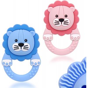 Anneau De Dentition Pour B&eacute;b&eacute;,2 Pi&egrave;ces En Silicone Avec Hochet,Sans Bpa,Jouet &Agrave; M&acirc;cher Pour B&eacute;b&eacute;s 0-3 Ans,Facile &Agrave; Tenir Anneau Apaisant Pour Gencives (E-Rose+Bleu) - Neuf