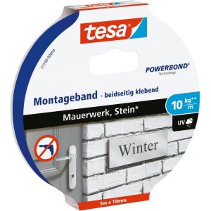 Powerbond Adhésif Double Face de Fixation Pour Brique et Pierre 10 kg/Mètre* Ruban Adhésif de Fixation Murale pour Intérieur et Extérieur 5 m x 19 mm - Neuf