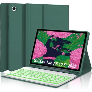 Étui Clavier Pour Samsung Galaxy Tab A8 10,5 Pouces, Coque Mince Avec Fente Pour Crayon Détachable Bluetooth Français [Azerty] Clavier, Housse Avec Porte-Stylo, Vert Foncé - Neuf