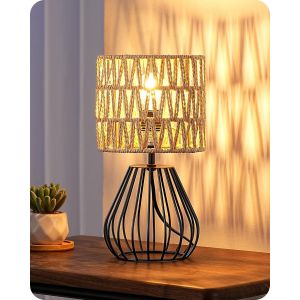 Eryi-Lampe De Chevet Vintage, Boho Abat-Jour Tissée À La Main Et Base Cage En Fer, E14 Led Ampoule Incluse, Lumière De 2700k Blanc Chaud, Lampe De Table Industriel Pour Chambre, Salon, Bureau - Neuf
