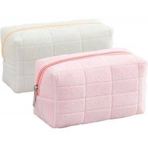 2 Pi&egrave;ces Sac Cosm&eacute;tique De Voyage, Petite Trousse De Toilette Pour Femme, Trousse De Toilette Pour Femme, Sac &Agrave; Cosm&eacute;tiques &Agrave; Carreaux Mignon Pour Femmes Filles Cadeau (Blanc Et Rose) - Neuf