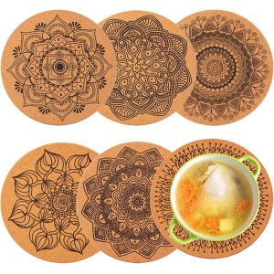 Jexnovashop-Lot De 6 Dessous De Plat Ronds En Li&egrave;ge - Diam&egrave;tre : 19 Cm - R&eacute;sistants &Agrave; La Chaleur - R&eacute;utilisables - Avec Motif - Pour Casseroles, Bols, Vases Et Verres - Neuf