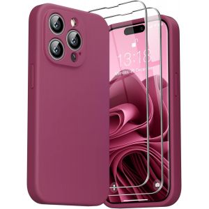 LORANKA-3 en 1 Coque iPhone 14 Pro Silicone Liquide 6.1"" - avec 2 Verre Tremp&eacute; - &Eacute;tui Protection Pr&eacute;cise de Cam&eacute;ra [R&eacute;sistant aux Rayures] [Antid&eacute;rapant], Vin Rouge - Neuf
