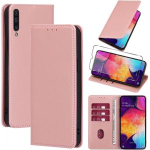 acdsgd-Coque Cuir pour Samsung Galaxy A50/A30S/A50s 6.4"" avec 1 Verre Tremp&eacute; Etui &agrave; Rabat en PU Porte-Cartes Portefeuille Support Flip Housse Magn&eacute;tique Antichoc Anti-Rayures Case,Rose_Gold - Neuf