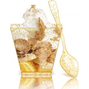 Mevronisshop-50 Pièces Mini Tasses À Dessert Avec Cuillères, 2oz/60 Ml Réutilisable Bols À Dessert En Plastique Avec Paillettes Dorées, Coupes À Dessert Carrés Pour Aperitif Mousse Pudding Desserts - Neuf