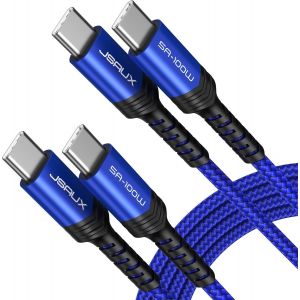 JGD-C&acirc;ble USB C vers USB C 100W/5A (Lot de 2, 2m+2m), C&acirc;ble de Charge Rapide Compatible avec iPhone 17 16 Pro Max Samsung Galaxy S25 S24 MacBook iPad Air Pro CarPlay - Bleu - Neuf