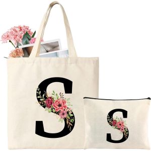 Sac Fourre-Tout En Toile Avec Initiale, Sac Cadeau Personnalisé Avec Trousse De Maquillage Florale, Adapté Pour Mariage, Anniversaire, Plage, Vacances, Excellent Cadeau Pour Femme, Maman[H3785] - Neuf