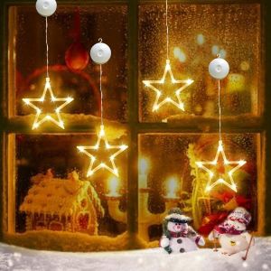 Kal-Fenêtre Décorative De Noël Avec Étoile, Lumineuse Led Rideau Lumineux Suspendu Pour Intérieur, Fête, Mariage - Lumières De Ventouse (4pcs-B) - Neuf