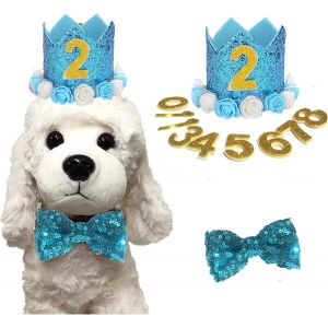 Kal-Chapeau D'anniversaire Pour Chien, Chat Et Chien, Couronne D'anniversaire Et N?ud Papillon Avec Figurines De 0 À 9 - Accessoires De Fête Pour Chiots Et Chatons De Petite Et Moyenne Taille (Bleu) - Neuf