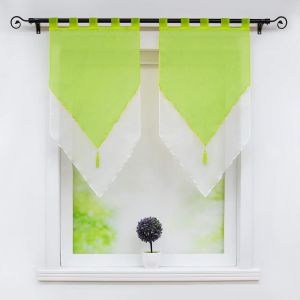 Eryi-Lydia Lot De 2 Voilages À Double Couche Transparent En Polyester À Passants Avec Frange À Pompon Décoration De Fenêtre Pour Cuisine Salon Vert/Blanc Lxh 45x90cm - Neuf
