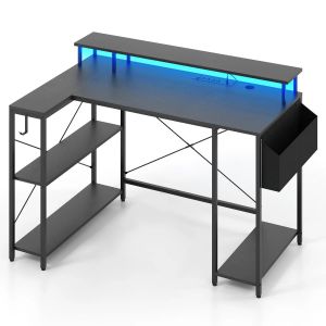 Bureau d'angle 120 x 80 x 87 cm avec &eacute;clairage led r&eacute;glable et prises int&eacute;gr&eacute;es design scandinave en bois noir Helloshop26 20_0010890 - Neuf
