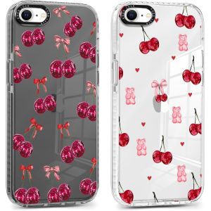 Kal-2 Pièces Coque Pour Iphone 7/8/Se 2022/Se 2020, Étui De Protection Avec Aesthetic Design Noeud Motif, Tpu Silicone Transparente Femme Fille Housse Etui Bumper Cover Pour Iphone 8 4,7'', Cerise - Neuf