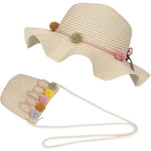Ensemble Chapeau De Soleil Et Cartable Pour Fille (Beige) Ensemble Chapeau De Paille De Plage D'été Et Mini Portefeuille Mignon Avec Décoration Florale, Adapté Aux Activités De Plein Air De Vacances - Neuf