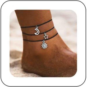 Bohemia Bracelet De Cheville En Cuir Superposee Soleil Lune Etoile Bracelet De Cheville Noir Cordon En Cuir Chaine De Cheville Argent Pendentif Celeste Bracelet De Cheville Ete Plage 3pcs - Neuf