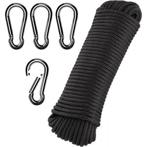 Mevronisshop-20m Corde Pour Drapeau,Corde D'escalade,Corde En Nylon Avec 4 Crochets En M&eacute;tal,Corde Balancoire Exterieur,Pour M&acirc;t De Drapeau, V&ecirc;tements, Jardin, Camping (Noir) - Neuf