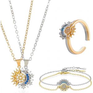 Visagevitalit 6 Pi&egrave;ces Parure De Bijoux Soleil Lune, Bague-Collier-Bracelet Ensemble, Collier D'amiti&eacute; Pour 2 - Neuf
