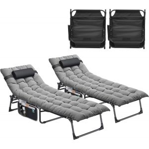 Ulteronixshop-Lot De 2 Bains De Soleil Avec Coussin 190x68x31cm Chaise Longue R&eacute;glable En 4 Positions, Transat Jardin Exterieur Avec Appui-T&ecirc;te Capacit&eacute; De Charge 200kg Pour Jardin, Piscine, Gris - Neuf