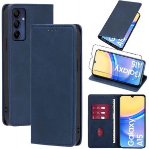 Kal-Coque Cuir Pour Samsung Galaxy A15 4g/5g 6.5"" Avec 1 Verre Tremp&eacute; Etui &Agrave; Rabat En Pu Porte-Cartes Portefeuille Support Flip Housse Magn&eacute;tique Antichoc Anti-Rayures Case,Bleu - Neuf