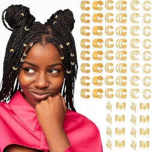 Kal-Lot De 64 Accessoires De Cheveux Dorés Pour Tresses, Dreadlocks, Bijoux Loc Pour Cheveux, Anneaux De Cheveux Dorés, En Métal Tressé, Bijoux Pour Dreadlocks, Accessoires Pour Hommes, Femmes, - Neuf