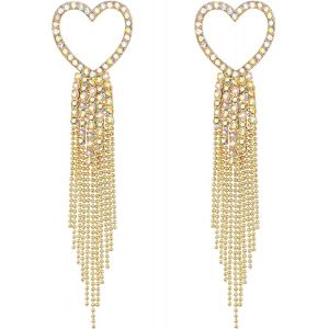 Kal-Boucles D'oreilles Pendantes En Forme De C?ur Pour Femmes Et Filles - Cristal De Strass - Longue Cascade - Perles À Franges - Lustre - Boucles D'oreilles De Mariage - Neuf