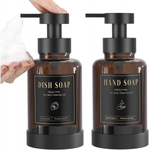 Foaming Soap Dispenser,450ML/15OZ Refillable Liquid Glass Pump Dispenser,Non-Slip Hand Dispenser with 5 Waterproof Labels,Amber,2 Packs - Neuf