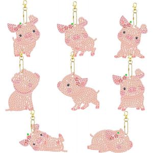 8 Pièces 5d Diamant Peinture Porte-Clés Mignon Dessin Animé Cochon Diamant Cristal Strass Peinture Pendentifs Porte-Clés Double Face Rose Animal Mosaïque Diamant Artisanat Suspendu Diamant Art Kits - Neuf