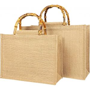 Sjzg-Sac Pour L'&eacute;pause Portable, Sac Portable En Jute Naturelle Sac Juta Poign&eacute;es Bambu, Parfait Pour Shopping, Picnic, Cadeaux, Voyages, Plage - Neuf