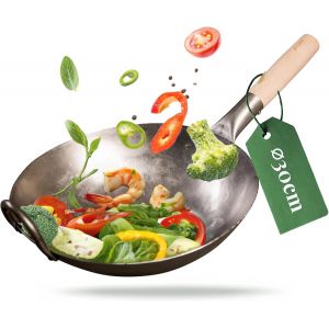 Subzonal-Wok Traditionnel | Fond Plat | Pour Cuisini&egrave;re (Y Compris Induction) | 30 Cm De Diam&egrave;tre | En Acier Au Carbone Martel&eacute; &Agrave; La Main | Poign&eacute;e En Bois | Rev&ecirc;tement Anti-Adh&eacute;sif Naturel - Neuf