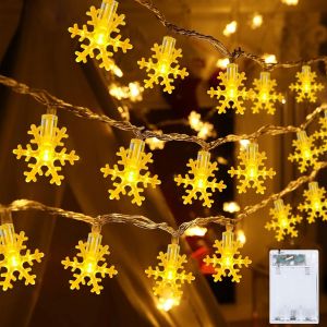 TRAHOO-Guirlande lumineuse d'ext&eacute;rieur en flocons de neige - Batterie - 6 m - 40 LED - Avec minuterie - Blanc chaud - Flocon de neige - Pour d&eacute;coration de No&euml;l, chambre &agrave; coucher, balcon - Neuf