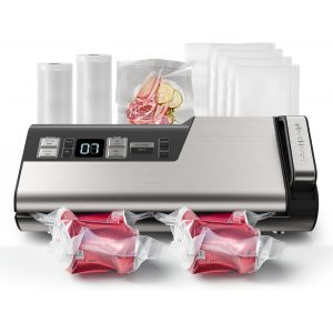 MEVRONISSHOP-Machine &agrave; emballer sous vide, 95 kPa 140 W, &agrave; une main, double bande d'&eacute;tanch&eacute;it&eacute; avec cutter int&eacute;gr&eacute; et affichage du compte &agrave; rebours, 2 rouleaux de sac, 5 sacs pr&eacute;d&eacute;coup&eacute;s, compatible - Neuf