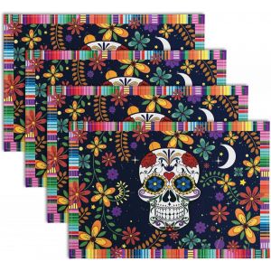 Sets De Table T&ecirc;te De Mort Pour Halloween (30 X 45 Cm), Sets De Table Style Mexicain R&eacute;sistants &Agrave; La Chaleur, Parfaits Pour La Cuisine Et La D&eacute;coration D'halloween. - Neuf