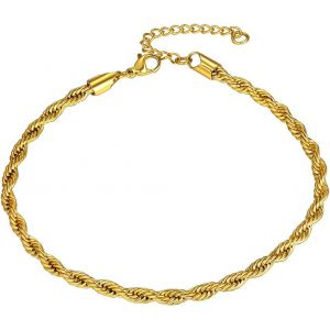 Kal-Bracelet Chaine De Cheville Femme Fille Acier Inoxydable Gourmette 3/6 Mm Argent/Plaque Or/Noir/Or Rose [Venitien/Spiga/Tressé] Chaine Maille Pied 22cm Plage Ete Vacanvce - Neuf