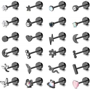 24pcs Boucles D'oreilles Femme Acier Inoxydable-Piercing Oreille,Tragus,Cartilage,- Motifs Papillon,Serpent,Fleur-Bijoux.[X1309] - Neuf