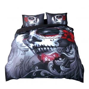 Hjlian Parure De Lit 3 Pieces 100 % Polyester Motif Tete De Mort, Taie D'oreiller, Housse De Couette (Queen) - Neuf