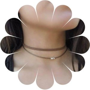 Kal-Boho Layered Leather Choker Collier Cordon En Cuir Marron Collier Ras Du Cou Gothique Marron Collier Collier Court En Argent Collier De Perles Bijoux Pour Femmes Et Filles - Neuf