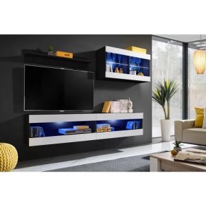 Meuble Tv Komodee Tivoli Set6 - Led Bleues - Espace Ouvert Noir Blanc 35 X 200 X 195 Cm - Neuf