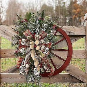 Rouge Roue De Wagon Couronne De Fleurs Avec Des Rubans De Pins Baies | Vintage Ferme Couronne Pour La Porte D'Entr&eacute;e | D&eacute;coration De No&euml;l Guirlande De Fen&ecirc;tre Ext&eacute;rieure - Neuf