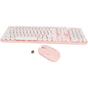 Dilwe Combo Clavier Et Souris Sans Fil, Clavier Et Souris Sans Fil, Rétro Couleur Pure 2,4 G, Clavier Souris Sans Fil Avec Touches Rondes Et Pavé Numérique (Conseil Rose) - Neuf