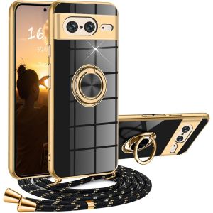 Sansh-Coque Google Pixel 8 Avec Cordon,Coque Google Pixel 8 Avec Collier Silicone Housse 360° Voiture De Bague Magnétique Antichoc Étui Lanyard Case Téléphone Portable Protection Cover Avec Support,N - Neuf