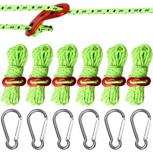 Yemaesre-6 Pièces Corde De Tente Réfléchissante, Avec Tendeur En Aluminium,Mousqueton,4m Cordon De Lignes De Guidage De Tente,Pour Les Tentes De Camping, Randonnée,Les Activités De Plein Air - Neuf