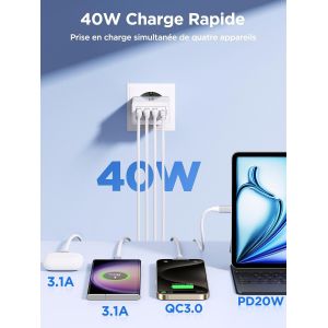 Chargeur Usb, 40w Prise Usb Multiple 4 Port Chargeur Iphone Rapide 3.1a Pd Type C Adaptateur Secteur Usbc Pour Iphone 16 15 14 13 12 11 Pro Max X Xs Xr 8 7 6s Plus Mini, Ipad,Samsung Galaxy - Neuf