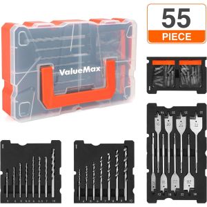 Coffrets de Forets 55 Pieces ValueMax, Comprend Forets a Beton, Forets Metal, Meche a Bois Plate et Embouts de Tournevis et Boite de Rangement - Neuf