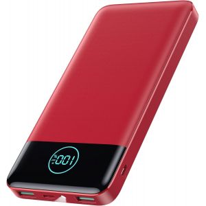 AYU-Batterie Externe 13800mAh, [Ultra Mince mais Puissant] Power Bank USB C 3A in & Out Chargeur Portable avec Affichage LED et Lampe de Poche Batterie Portable pour iPhone Galaxy Huawei - Rouge Rubi - Neuf