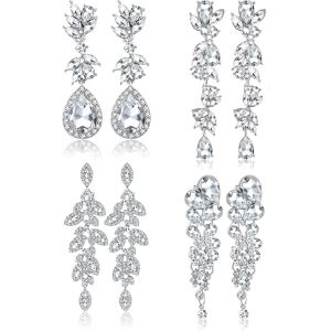 Kalhx-4 Paires Clip Sur Boucles D'oreilles Pour Femmes-Strass Cristal De Mariage Pour Mariée-Larme Pendantes Non Percées Pour Bal - Neuf