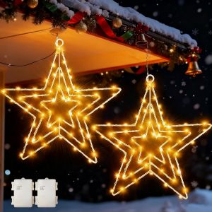 Étoile Lumineuse 2 Pièces 75 Led Etoile De Noël A Suspendre, Decoration Noël Exterieur A Pile Avec Minuterie, Étoile De Sapin De Noel Étanche Fenetre Lumineux Pour Balcon Fête Intérieur Mais[Z467] - Neuf