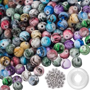 500 Perles Artisanales Pour La Fabrication De Bijoux Et De Bracelets, Perles Acryliques Spatiales À Motifs D'encre Avec 50 Perles D'espacement Et Fil De Cristal (8 Mm) - Neuf