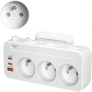 Prise Multiple USB C, Multiprise Murale 3 Prises Fran&ccedil;aise avec Charge Rapide PD20W et QC18W,Triplite Electrique Prise Rotative Horizontale et Verticale Multiprise Parafoudre avec Interrupteur,Blanc - Neuf