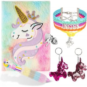 ERYI-Journal Intime Fille Avec Cadenas, Carnet Secret Pour Fille Licorne, Carnet De Notes Avec Serrure, Cahier A5 En Peluche Avec Stylo À Bille Roulante Multicolore, 2 Porte-Clés Et Bracelet - Neuf