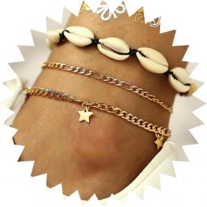 Bracelet De Cheville Boho En Forme De Cauris Et De Coquillage Bracelet De Cheville Avec Pendentif En Forme D'étoile Bracelet De Cheville En Forme De Goutte D'eau Chaîne Figaro 3pcs - Neuf