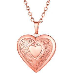 Kal-Collier Porte Photo Femme Pendentif Coeur Avec Motifs Personnalisable Chaîne Plaqué Or 50+5cm/2,5mm Bijoux Tendance Cadeau Anniversaire Noël Fête Des Mère - Neuf
